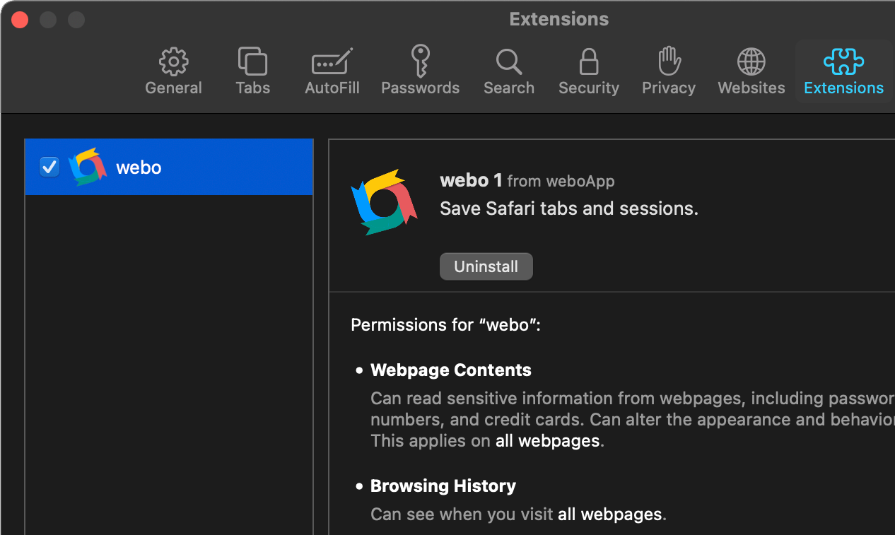 Enable webo extension in Safari